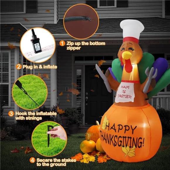 6ft Christmas Inflatable Outdoor Decorations, Chef Turkey with LED Lights - Picture 4 of 7